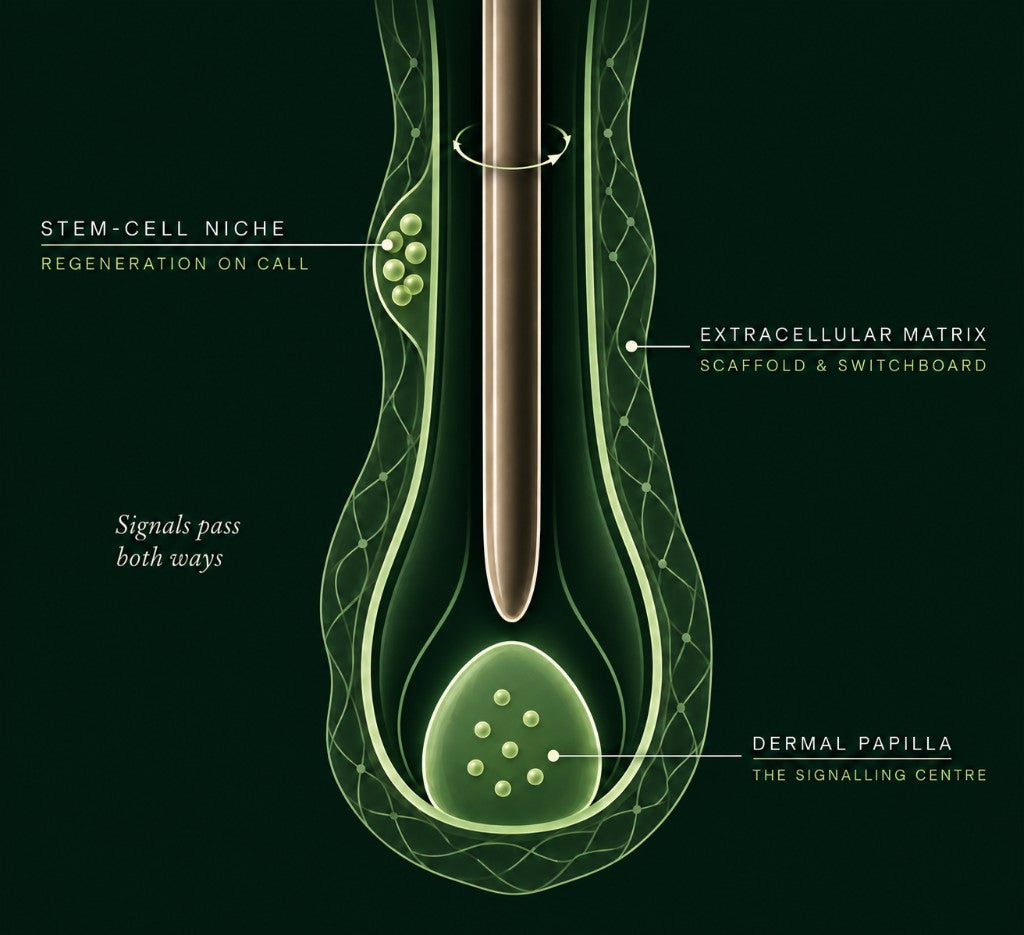The stem-cell niche, extracellular matrix and dermal papilla surrounding a hair follicle