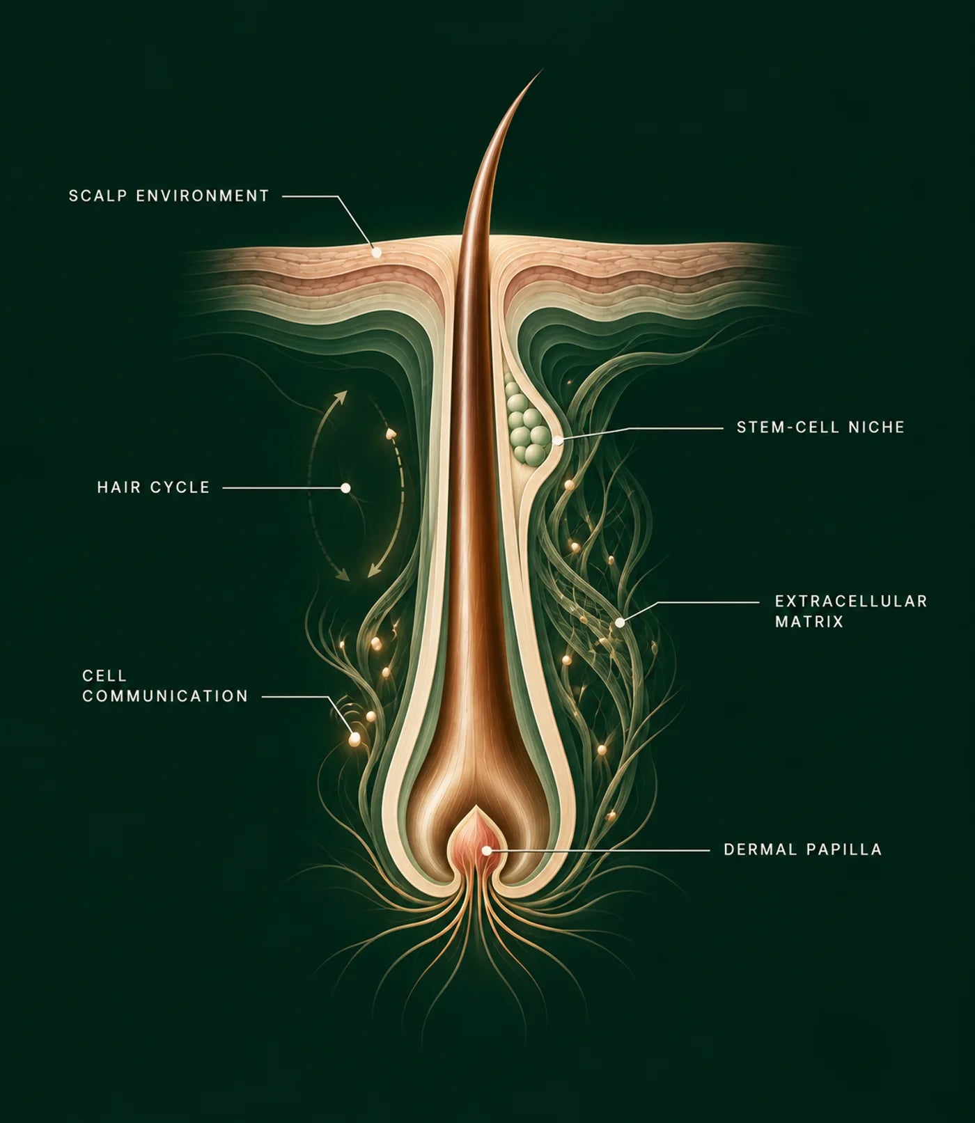 Labelled illustration of the scalp environment, hair cycle, cell communication, stem-cell niche, extracellular matrix and dermal papilla surrounding a living hair follicle